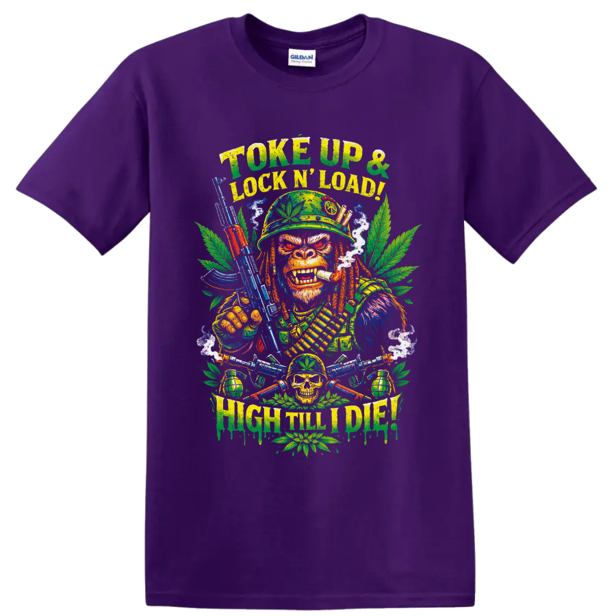 Psychedelic cannabis soldier monkey graphic with Toke Up and High Till I Die text on a Purple T Shirt