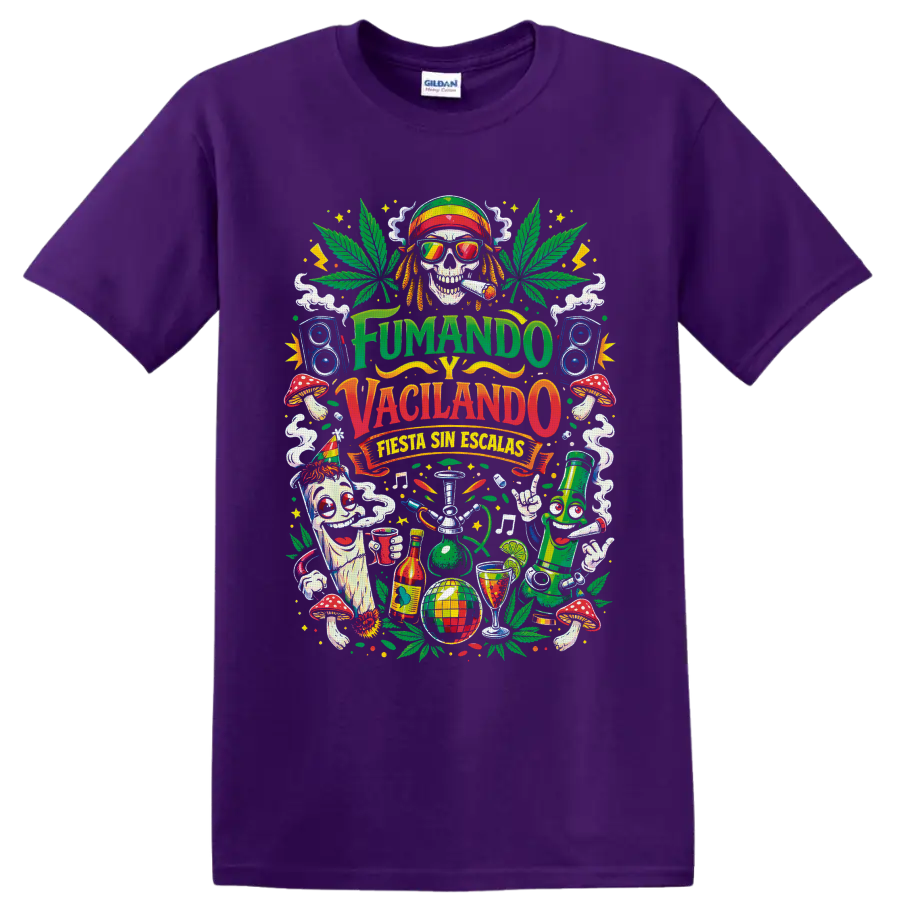 Psychedelic cannabis fiesta skull with speakers, mushrooms, and Fumando y Vacilando text on a Purple T Shirt