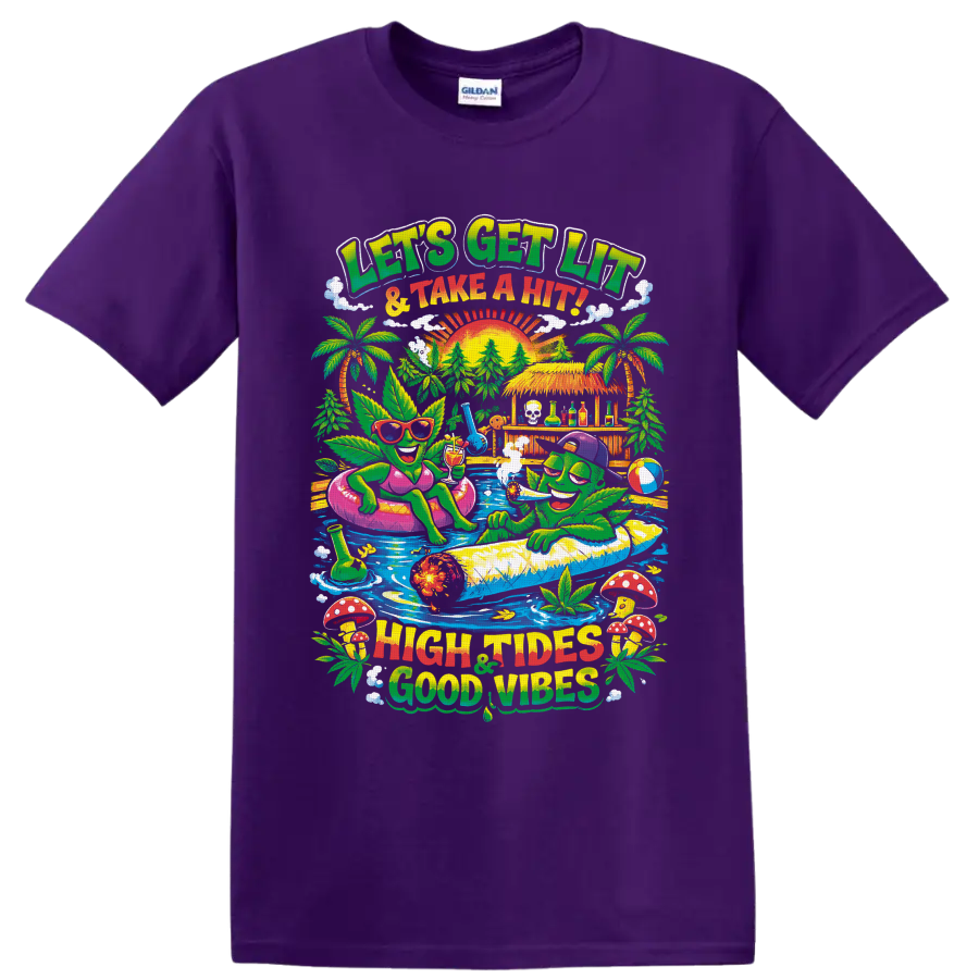 Retro cannabis leaf characters at a tropical pool party with High Tides Good Vibes text on a Purple T Shirt