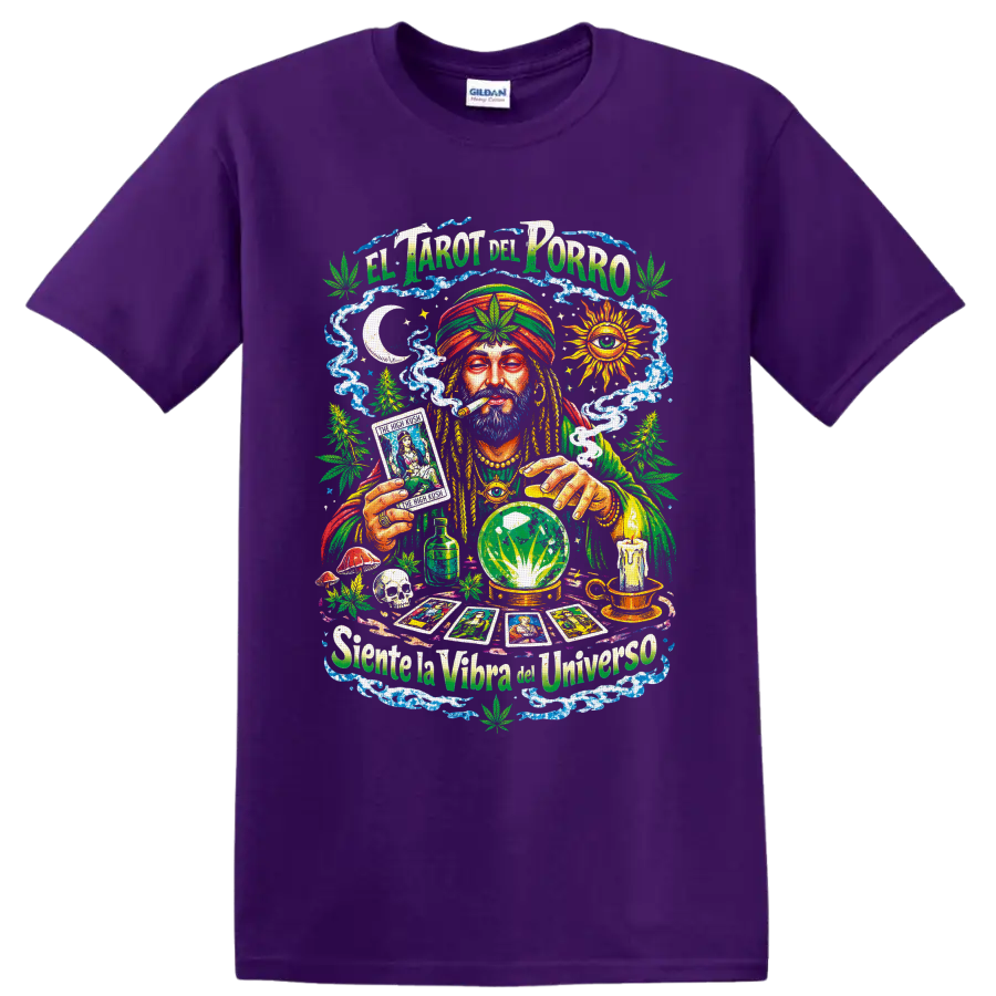 Psychedelic cannabis tarot reader with crystal ball and El Tarot del Porro text on a Purple T Shirt