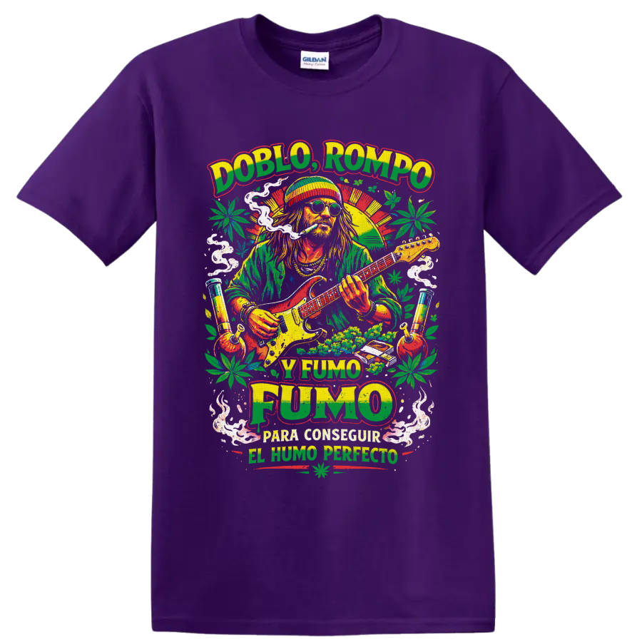 Doblo Rompo y Fumo guitarist with smoke, cannabis leaves, and retro poster art on a Purple T Shirt