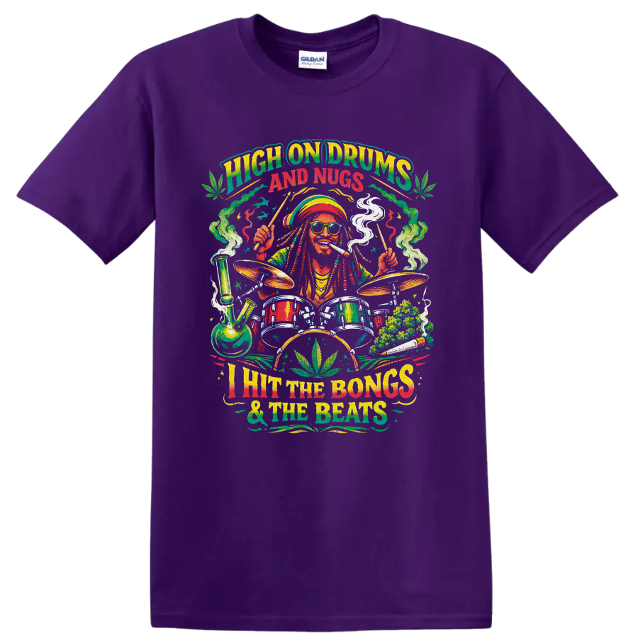 Colorful cannabis drummer graphic with bong, drum kit, buds, and High on Drums and Nugs on a Purple T Shirt