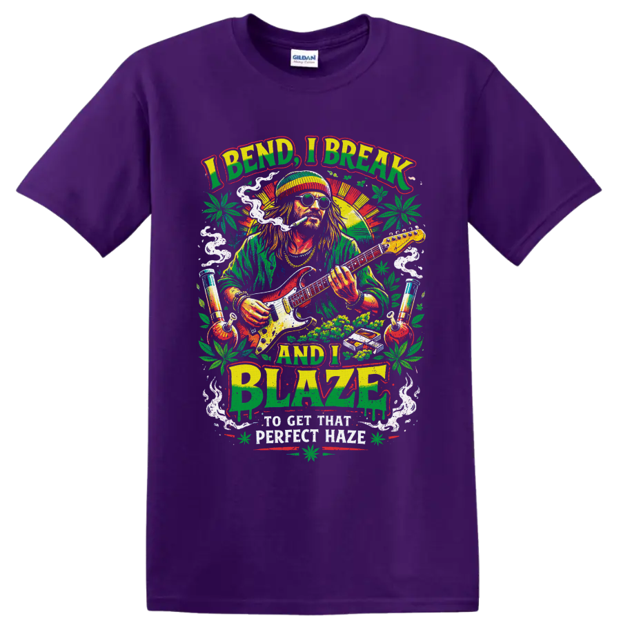 Retro cannabis guitarist graphic with smoke, leaves, water pipes, and I Bend I Break and on a Purple T Shirt