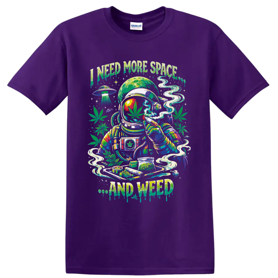Psychedelic astronaut with cannabis leaves, UFO, smoke, and I Need More Space and Weed on a Purple T Shirt