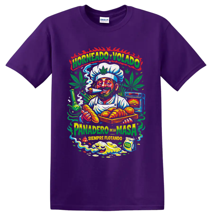 Colorful 420 cannabis baker chef graphic with pastries, leaves, smoke, and Spanish text on a Purple T Shirt