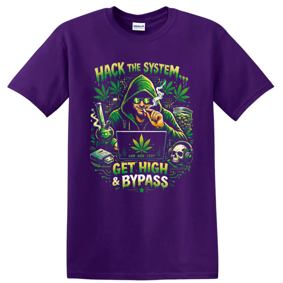 Hooded cannabis smoker with bong, computer, skull headphones, and Hack the System text on a Purple T Shirt
