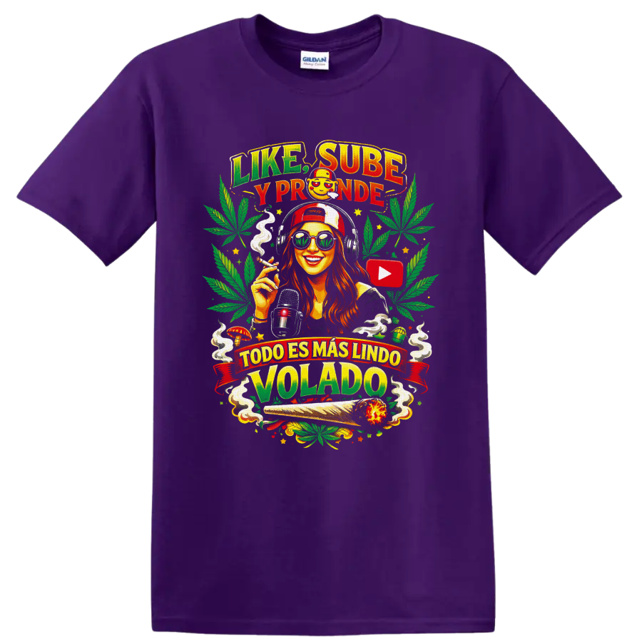 Cannabis culture woman with headphones, microphone, leaves, and Spanish slogan art on a Purple T Shirt