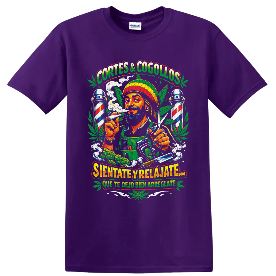 Colorful cannabis barber illustration with scissors, striped poles, smoke, and leaves on a Purple T Shirt