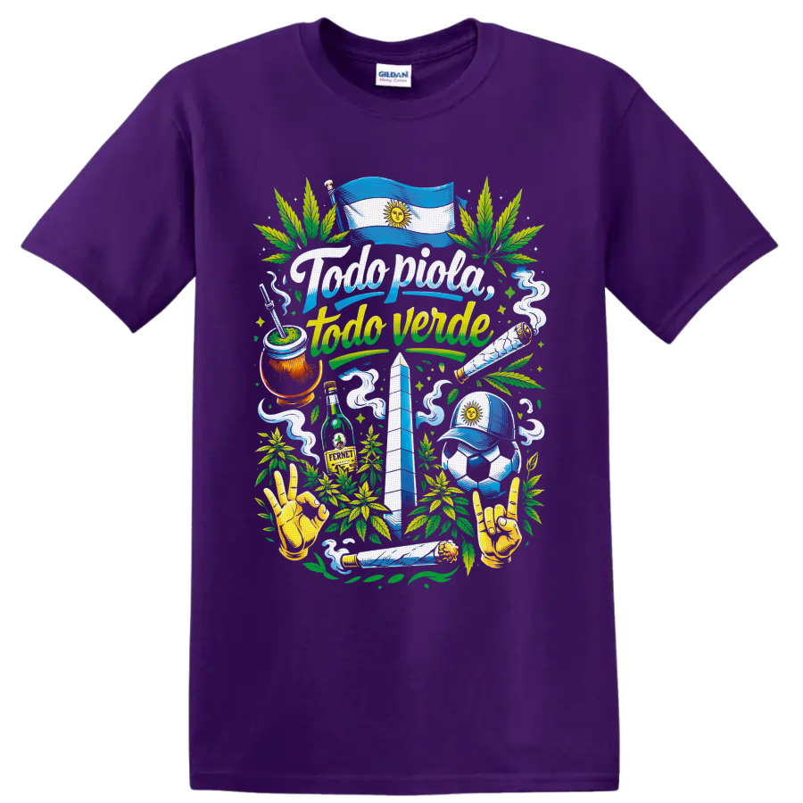 Argentina 420 collage with sun flag, mate, soccer, obelisk, cannabis leaves and smoke on a Purple T Shirt