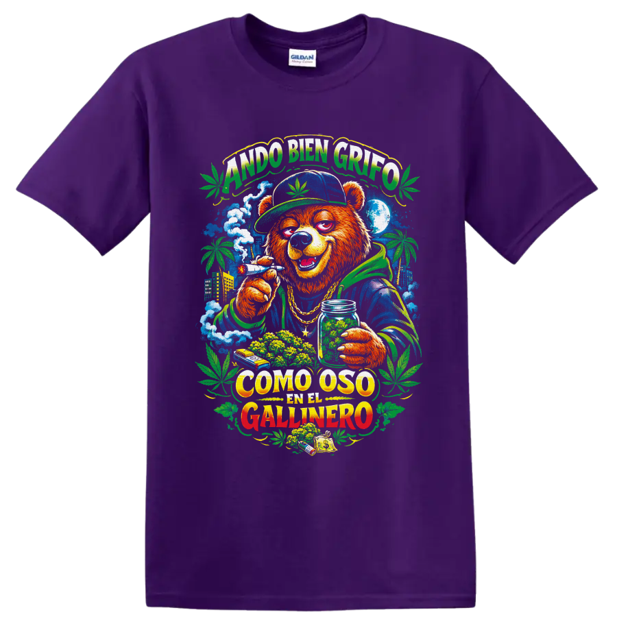 Cannabis bear street-art graphic with Spanish text, city skyline, leaves, and smoke on a Purple T Shirt
