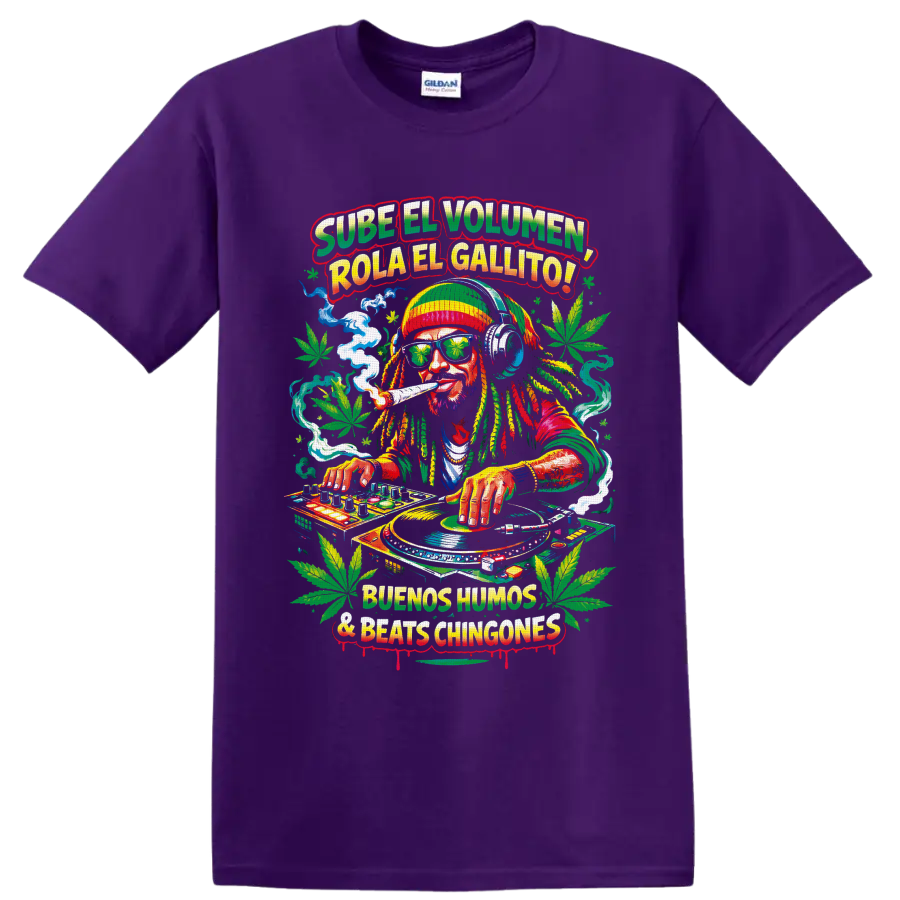Cannabis DJ with turntables, headphones, smoke, leaves, and Spanish reggae-style text on a Purple T Shirt