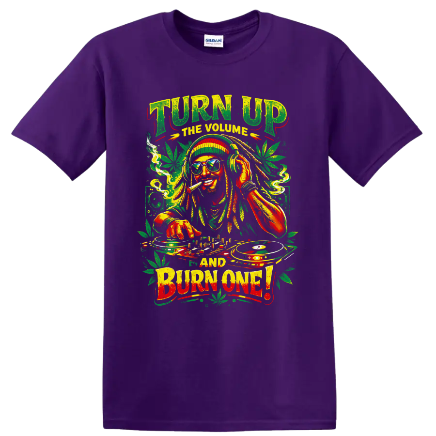 Cannabis DJ with turntables, headphones, leaves, and Turn Up the Volume Burn One text on a Purple T Shirt