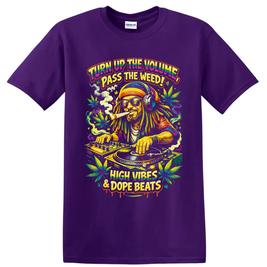 Psychedelic cannabis DJ at turntables with leaves and High Vibes & Dope Beats text on a Purple T Shirt