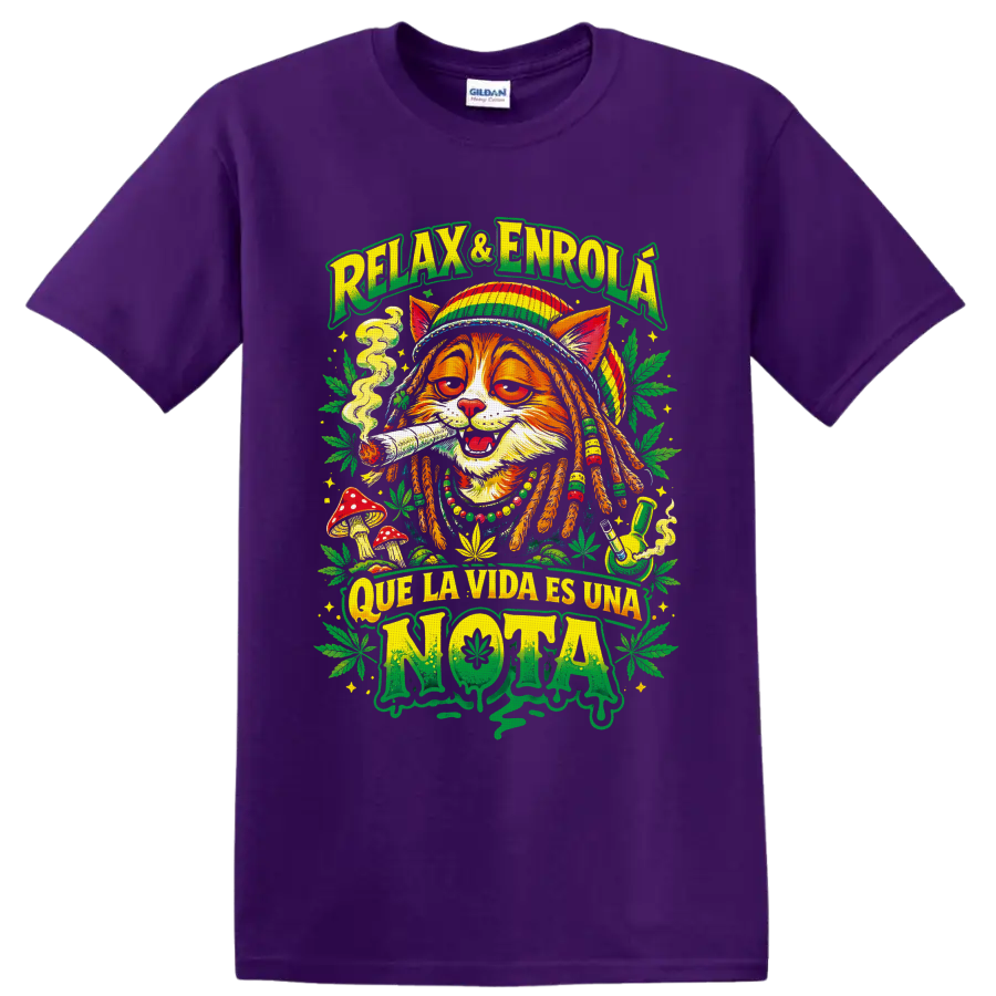 Rasta cat cannabis graphic with smoke, mushrooms, leaves, and Que La Vida Es Una Nota text on a Purple T Shirt