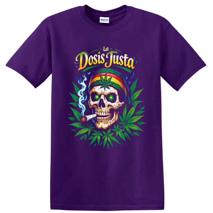 Cannabis skull graphic with striped cap, smoke, leaves, and La Dosis Justa text on a Purple T Shirt