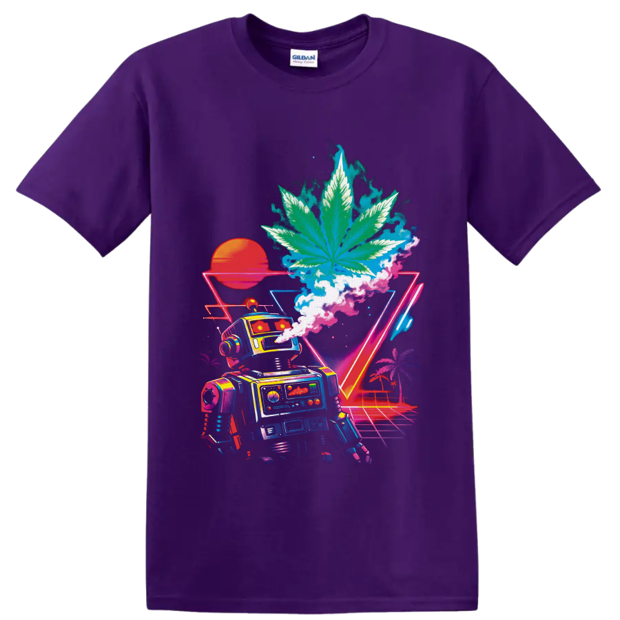 Neon vaporwave robot beneath a giant cannabis leaf with sunset, palms, and grid on a Purple T Shirt