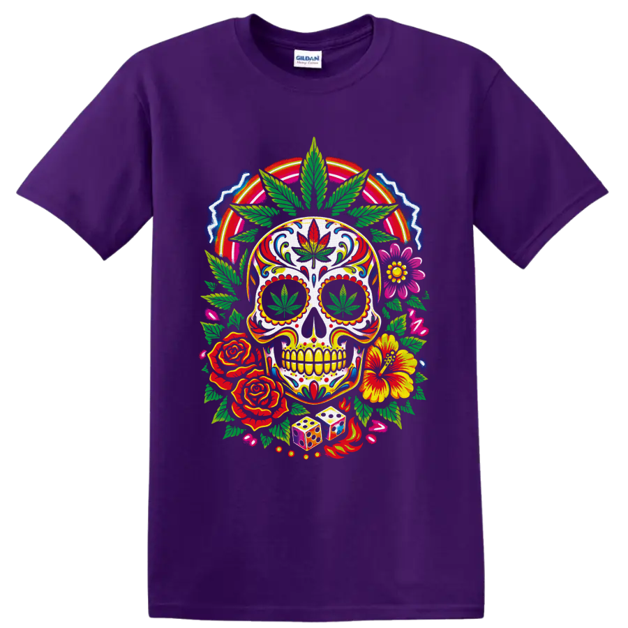 Psychedelic cannabis sugar skull with flowers, dice, flames, and rainbow arch on a Purple T Shirt