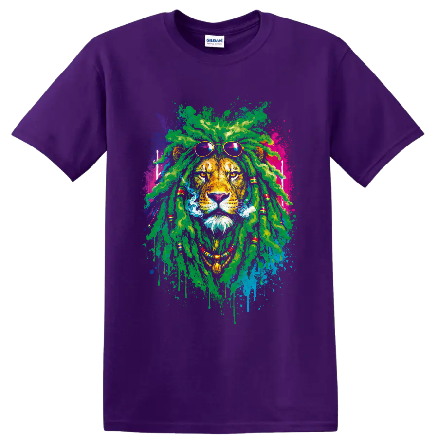 Rasta lion portrait with green dreadlocks, sunglasses, beads, smoke, and paint splashes on a Purple T Shirt
