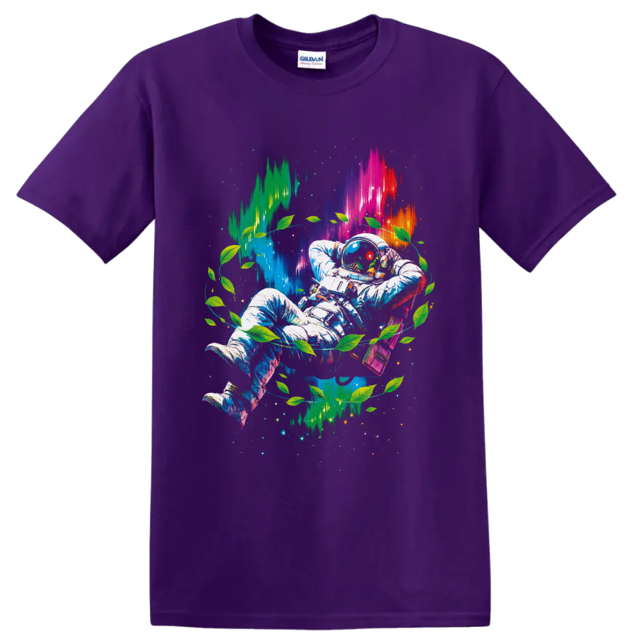 Psychedelic astronaut with green leaves, neon cosmic light, stars, and pixel bursts on a Purple T Shirt