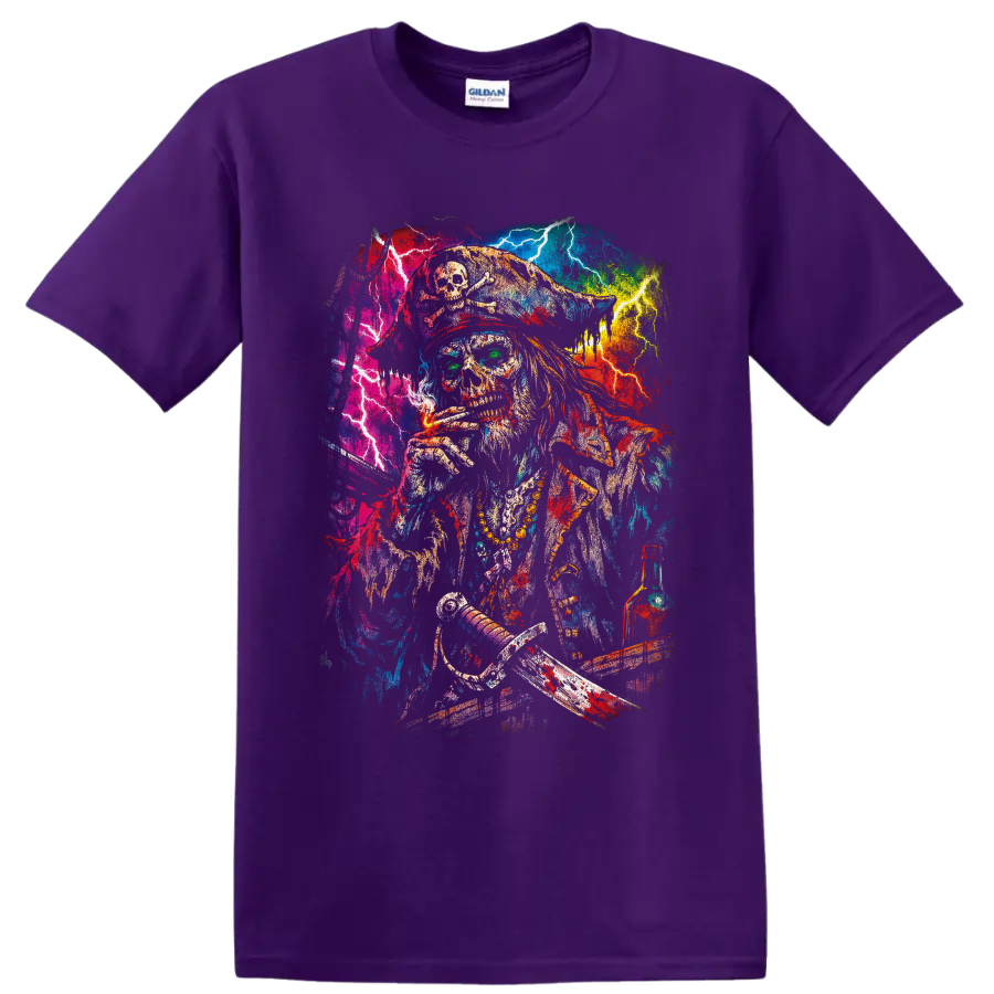 Psychedelic cannabis pirate skeleton with lightning, crossed swords, and bottle on a Purple T Shirt