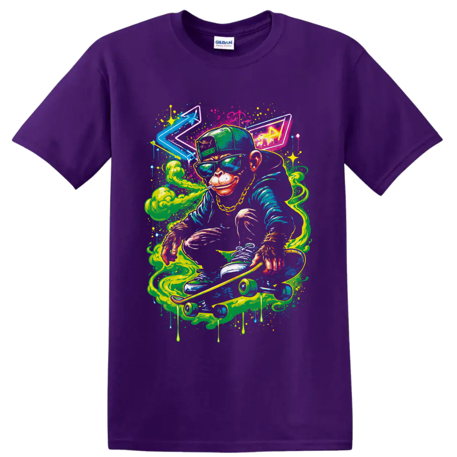 Neon graffiti-style monkey skateboarder with cannabis leaf cap, green smoke, and paint on a Purple T Shirt