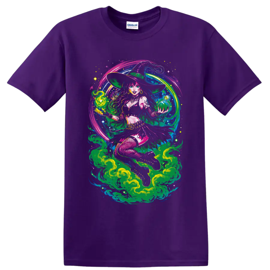 Psychedelic cannabis witch holding green potion orb amid swirling smoke and stars on a Purple T Shirt