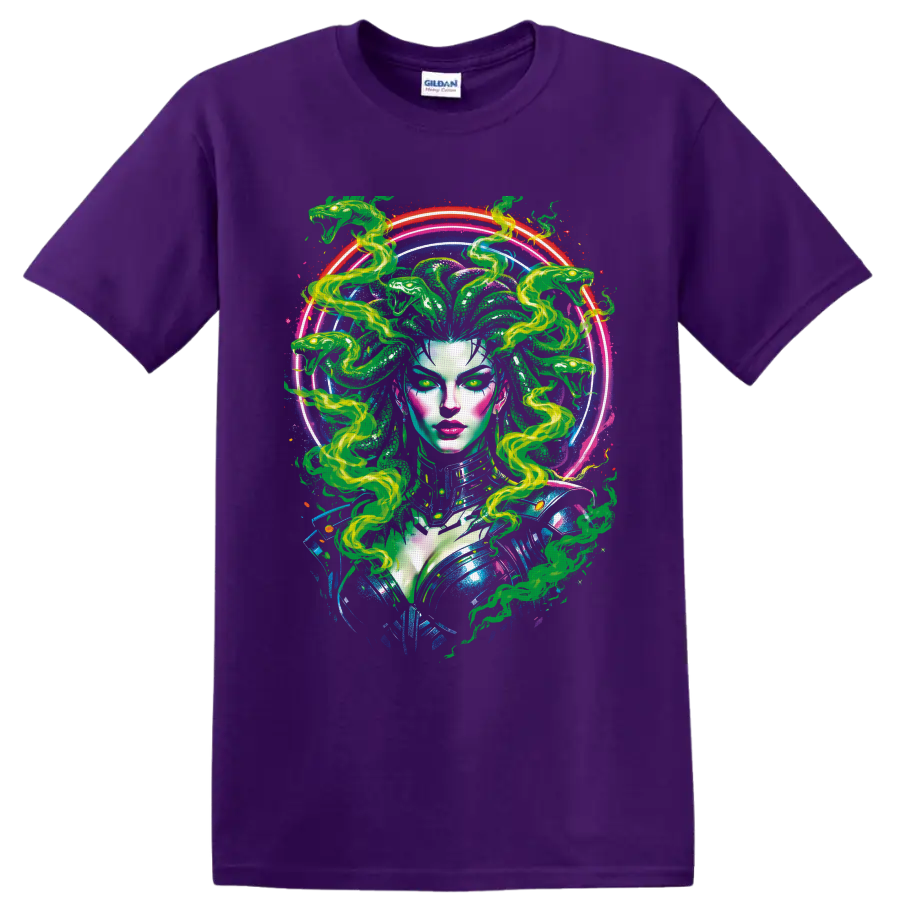 Psychedelic Medusa portrait with green serpent hair and glowing neon rings on a Purple T Shirt