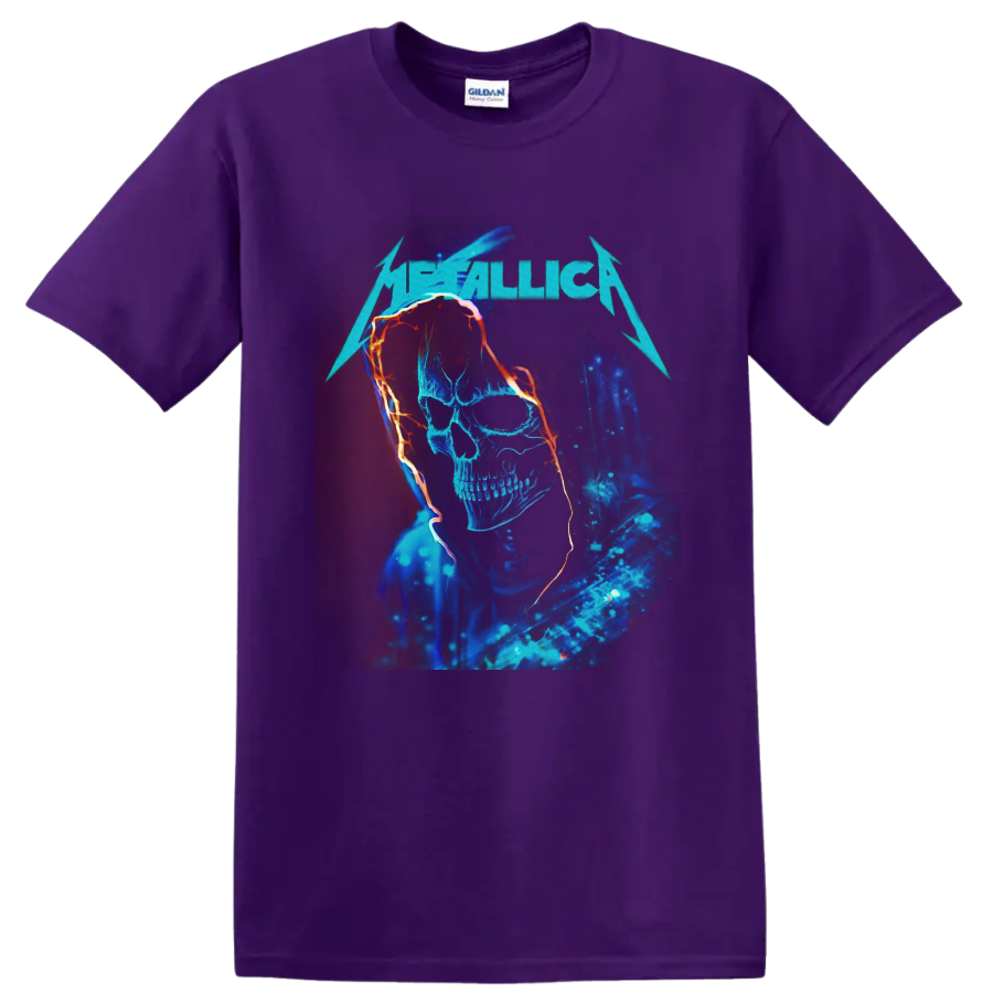 Metallica logo above a neon blue hooded skull with fiery orange outlines on a Purple T Shirt
