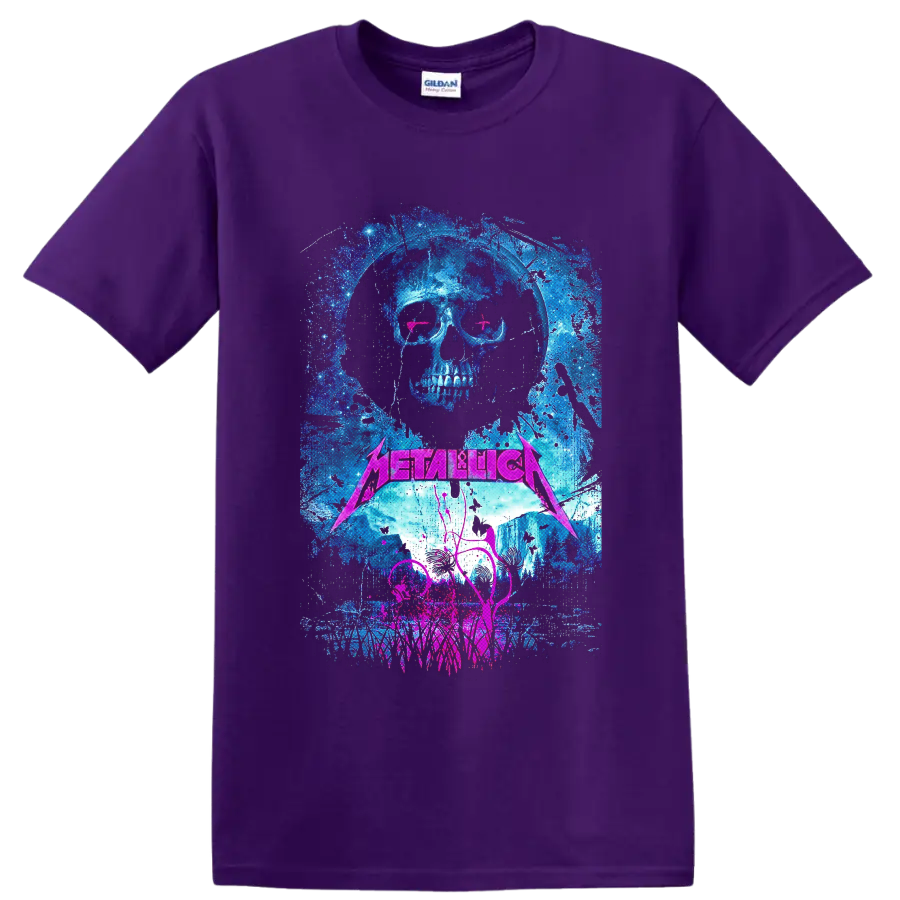 Distressed Metallica skull graphic with neon pink eyes, blue splatter, and pink logo on a Purple T Shirt