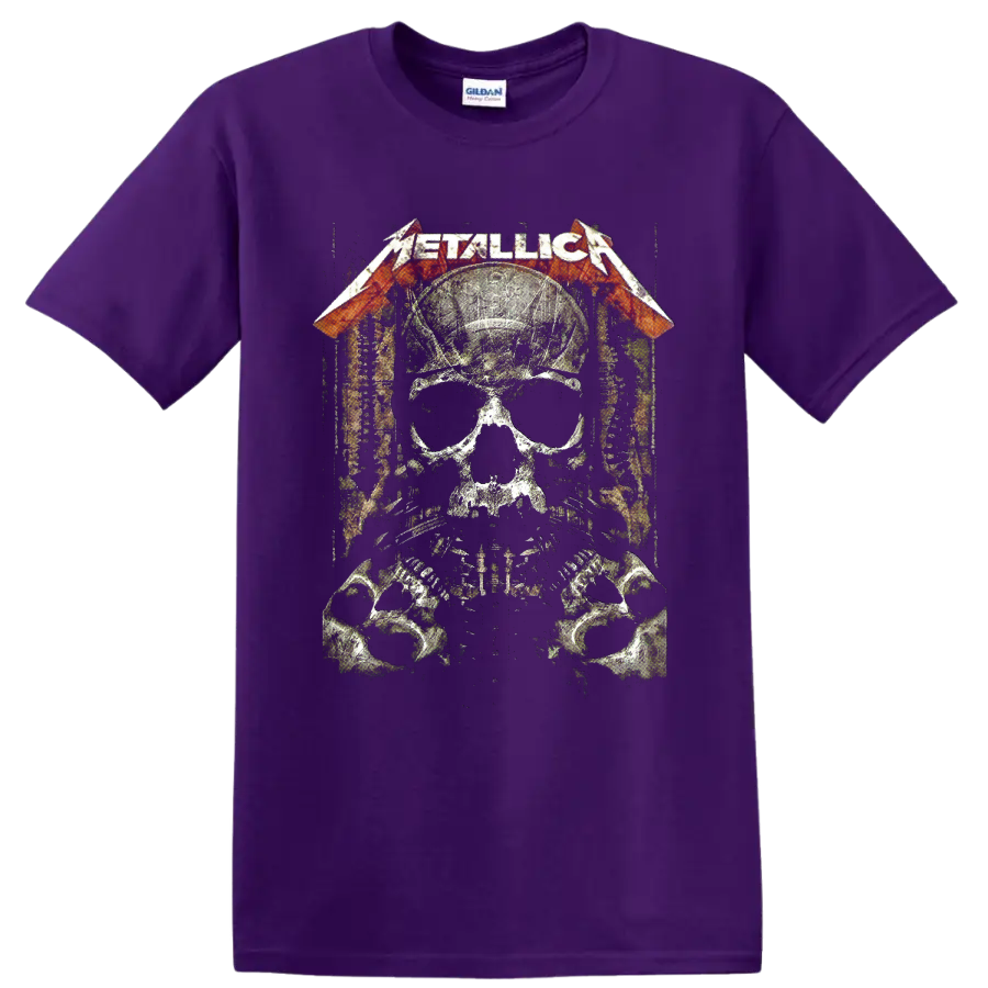 Metallica logo over distressed skull soldier with helmet, sunglasses, dog tags, and skulls on a Purple T Shirt