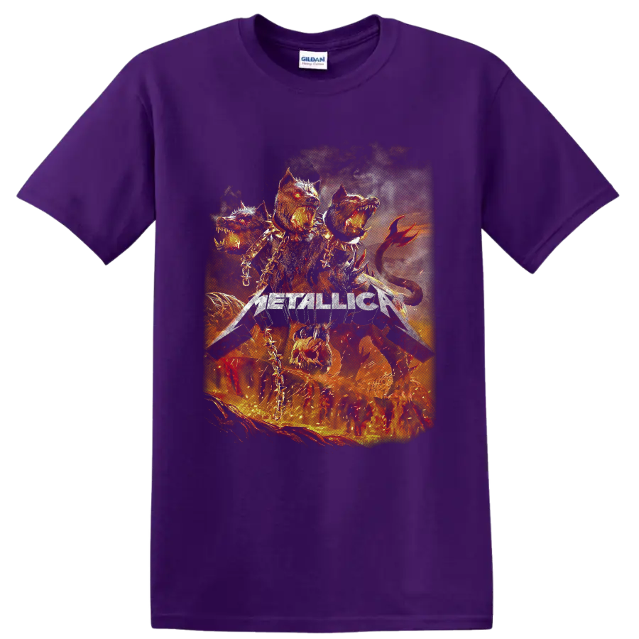 Metallica logo with fiery three-headed infernal hound, chains, spikes, and flames on a Purple T Shirt