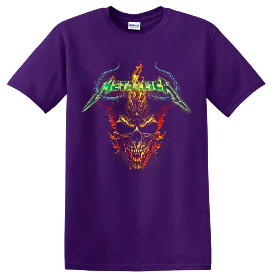 Metallica green logo over a flaming skull with curved blue horns and smoky metal artwork on a Purple T Shirt