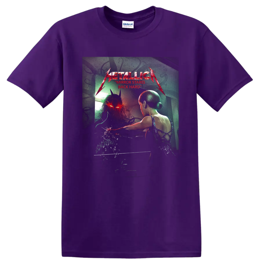 Metallica Mirror Stares Back horror graphic with horned red-eyed mirror reflection on a Purple T Shirt