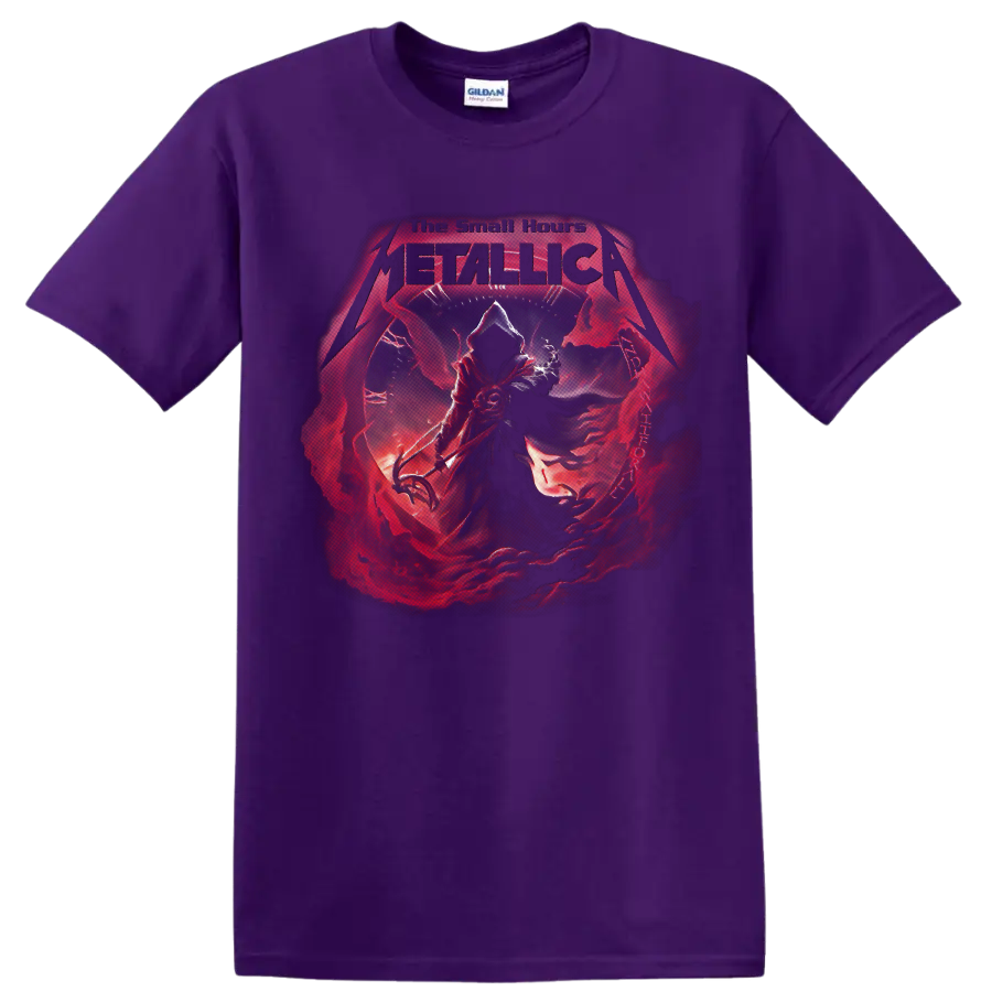 Metallica The Small Hours gothic grim reaper and red clock graphic on a Purple T Shirt