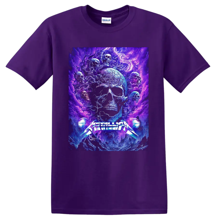 Metallica logo beneath psychedelic blue and purple skull cosmic artwork on a Purple T Shirt