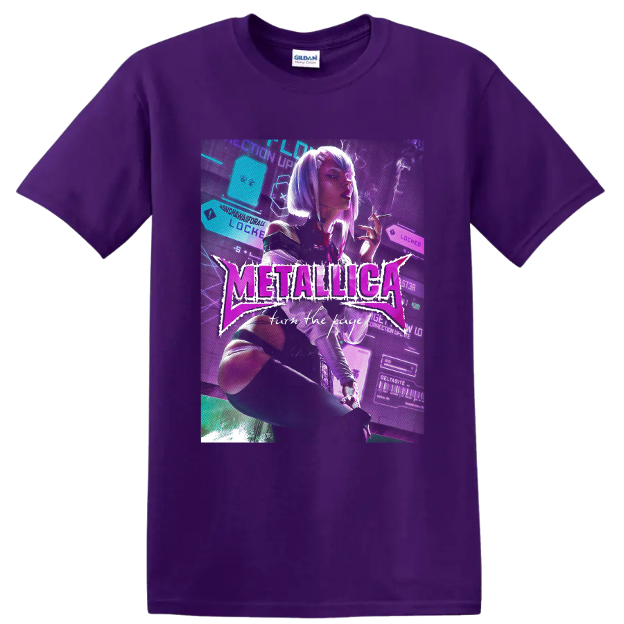 Metallica Turn the Page neon cyberpunk woman graphic with futuristic interface on a Purple T Shirt