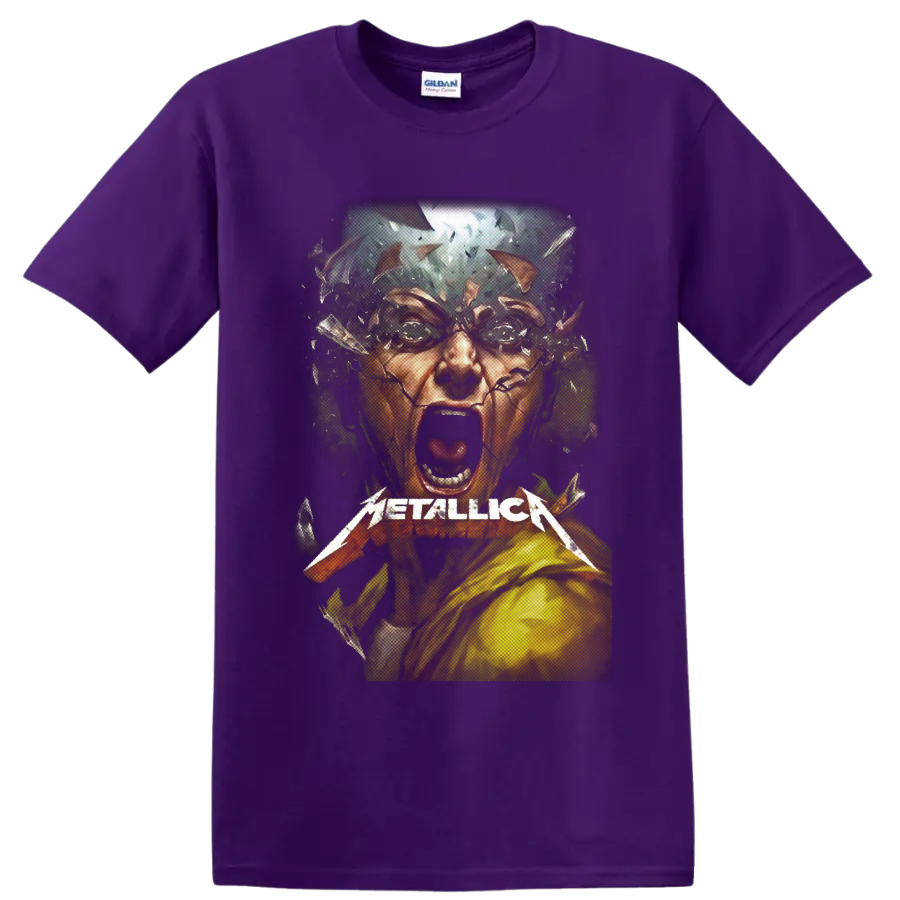 Metallica wordmark over a screaming shattered face in distressed heavy metal artwork on a Purple T Shirt