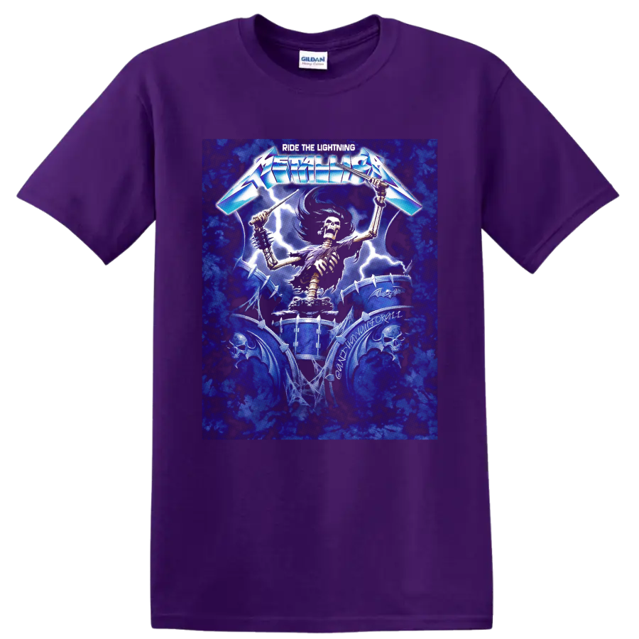 Metallica Ride the Lightning skeletal drummer graphic with lightning and spiked drums on a Purple T Shirt