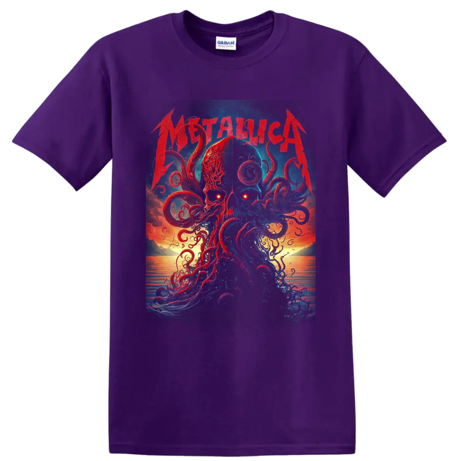 Metallica skull and kraken tentacle ocean sunset graphic in dark fantasy style on a Purple T Shirt
