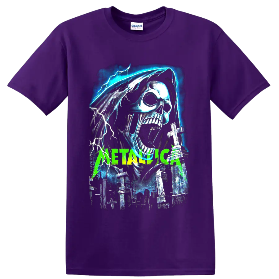 Metallica hooded skull with lightning, graveyard crosses, and neon green band lettering on a Purple T Shirt