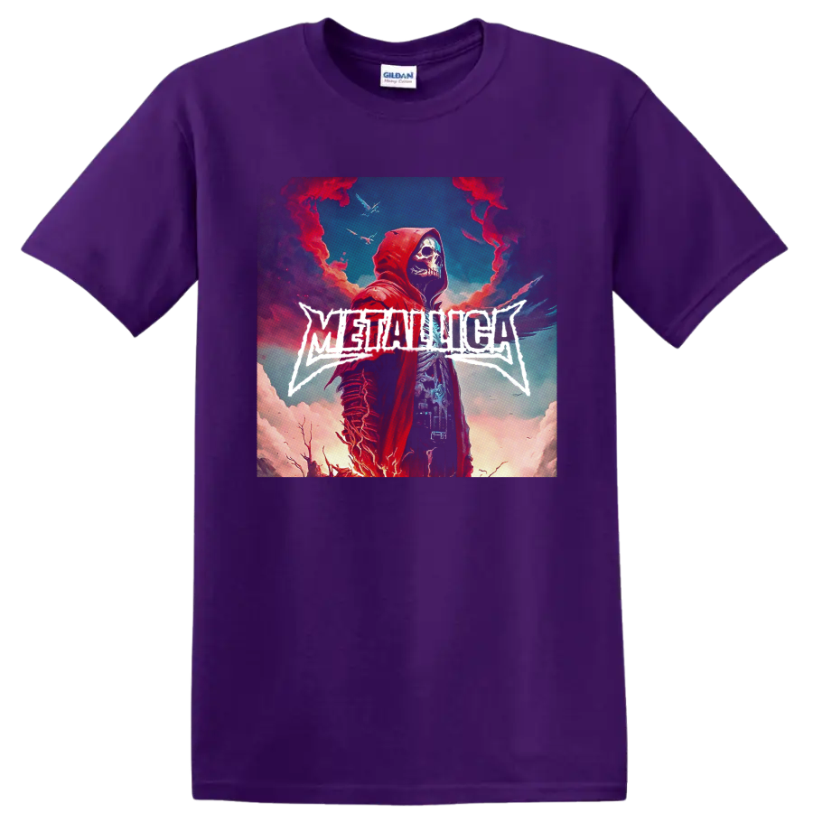 Metallica wordmark with red-hooded skull reaper in surreal smoky sky artwork on a Purple T Shirt