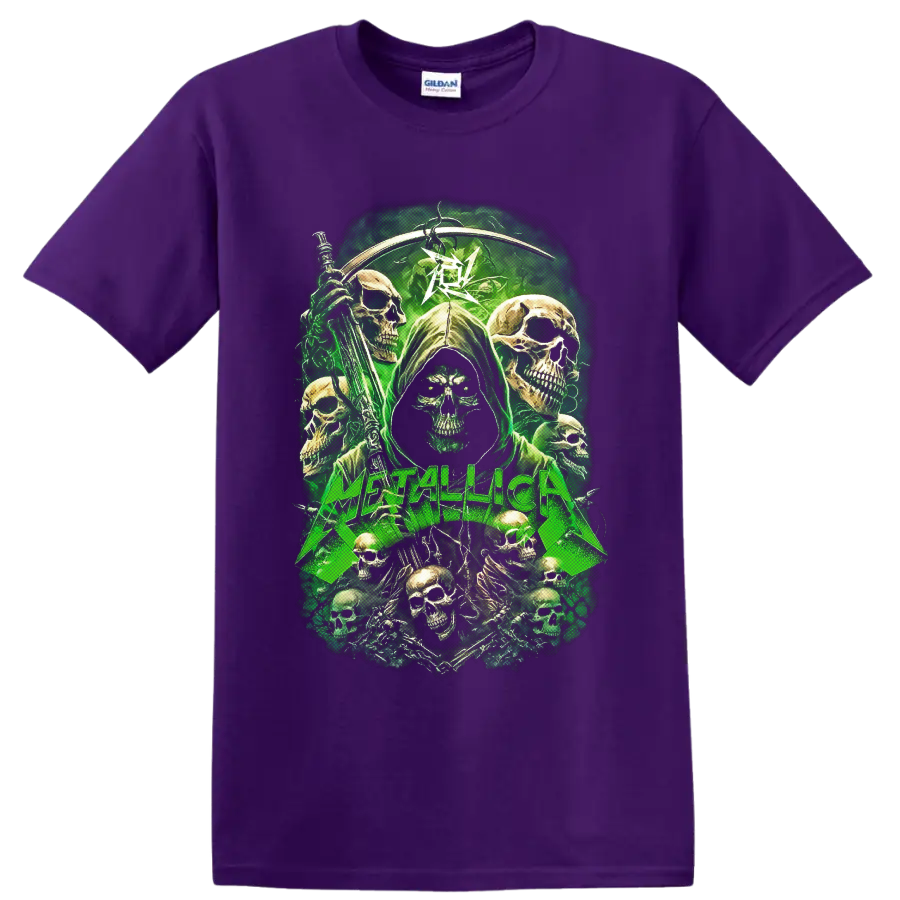 Metallica skull reaper graphic with scythe, green lightning, and surrounding skulls on a Purple T Shirt