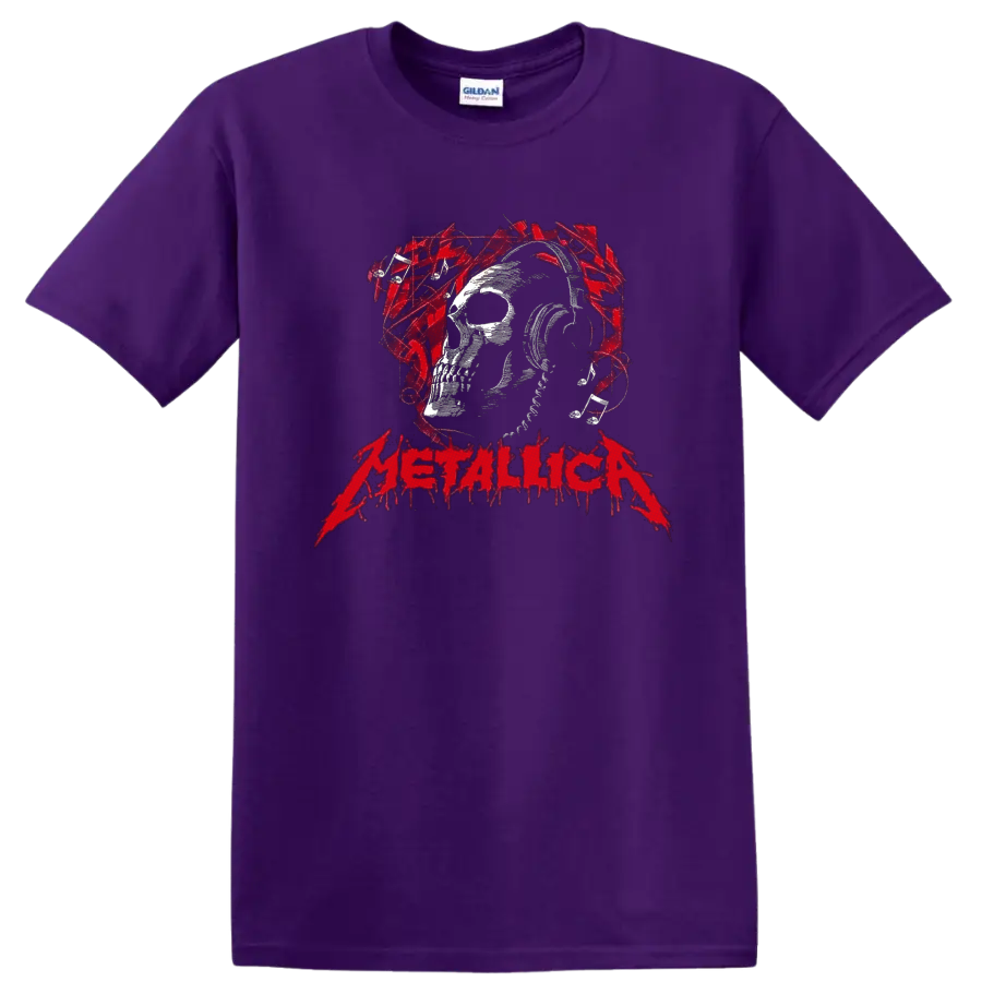 Metallica skull in headphones with red music notes and distressed heavy metal lettering on a Purple T Shirt