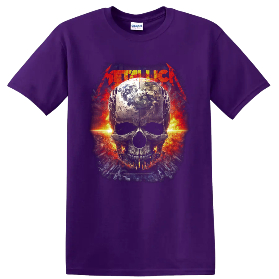 Metallica logo above a weathered globe-textured skull with fiery industrial artwork on a Purple T Shirt