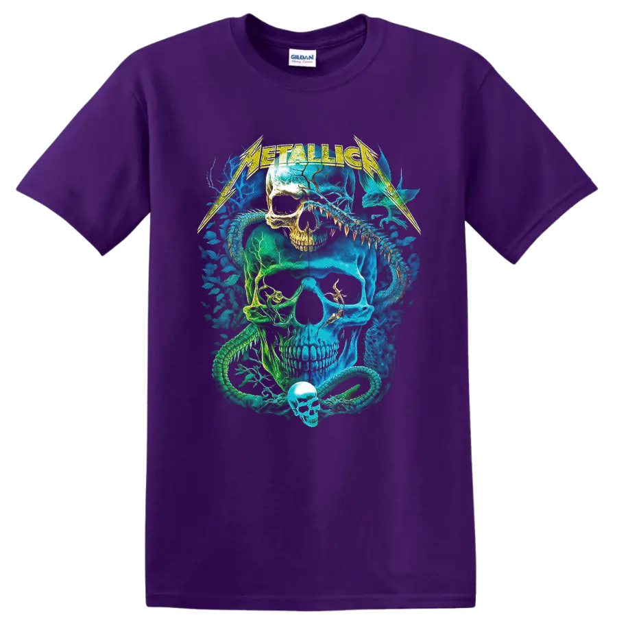 Metallica neon skull and coiled snake graphic with lightning-style band lettering on a Purple T Shirt
