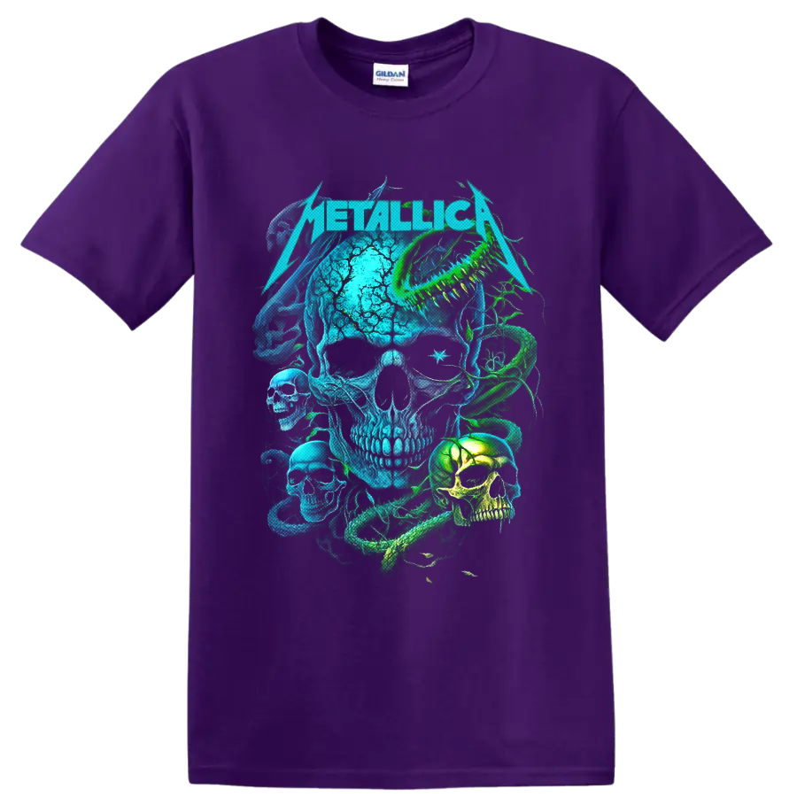 Metallica neon skulls and coiled snake graphic in electric blue and green on a Purple T Shirt