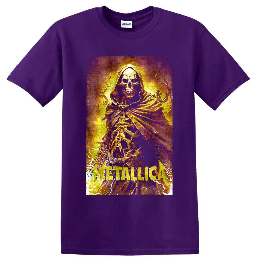Metallica hooded skeleton graphic with flames, lightning, and band lettering on a Purple T Shirt