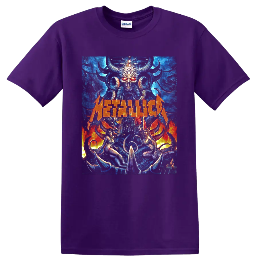Metallica horned skull demon graphic with blue fantasy art, flames, and orange logo on a Purple T Shirt