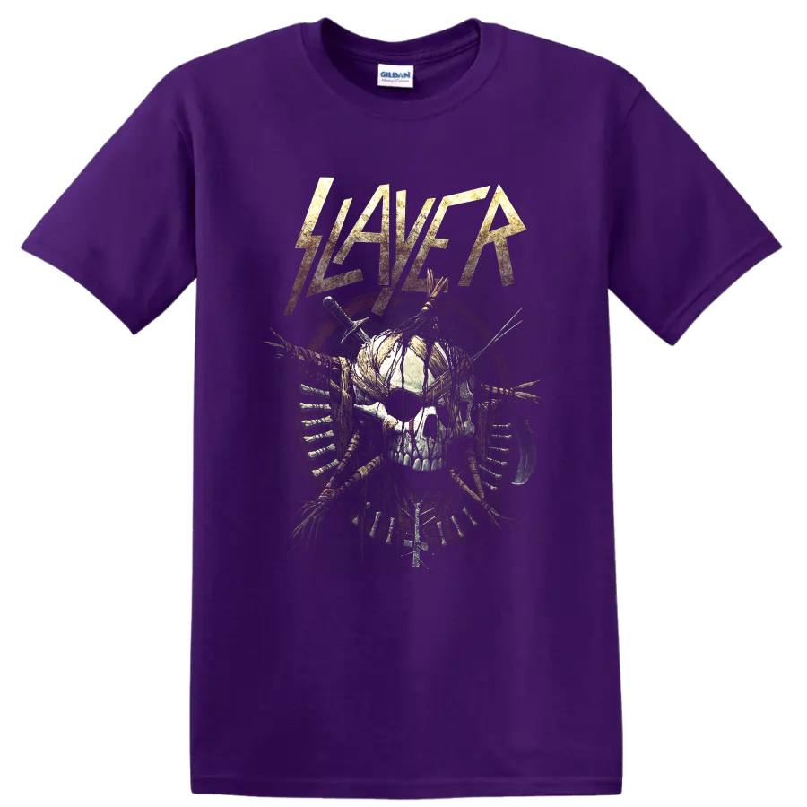 Slayer distressed logo above a bound skull with blades and weapon details on a Purple T Shirt