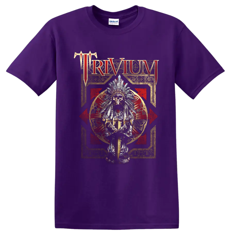 Trivium feathered skull warrior with sword in distressed gothic metal artwork on a Purple T Shirt